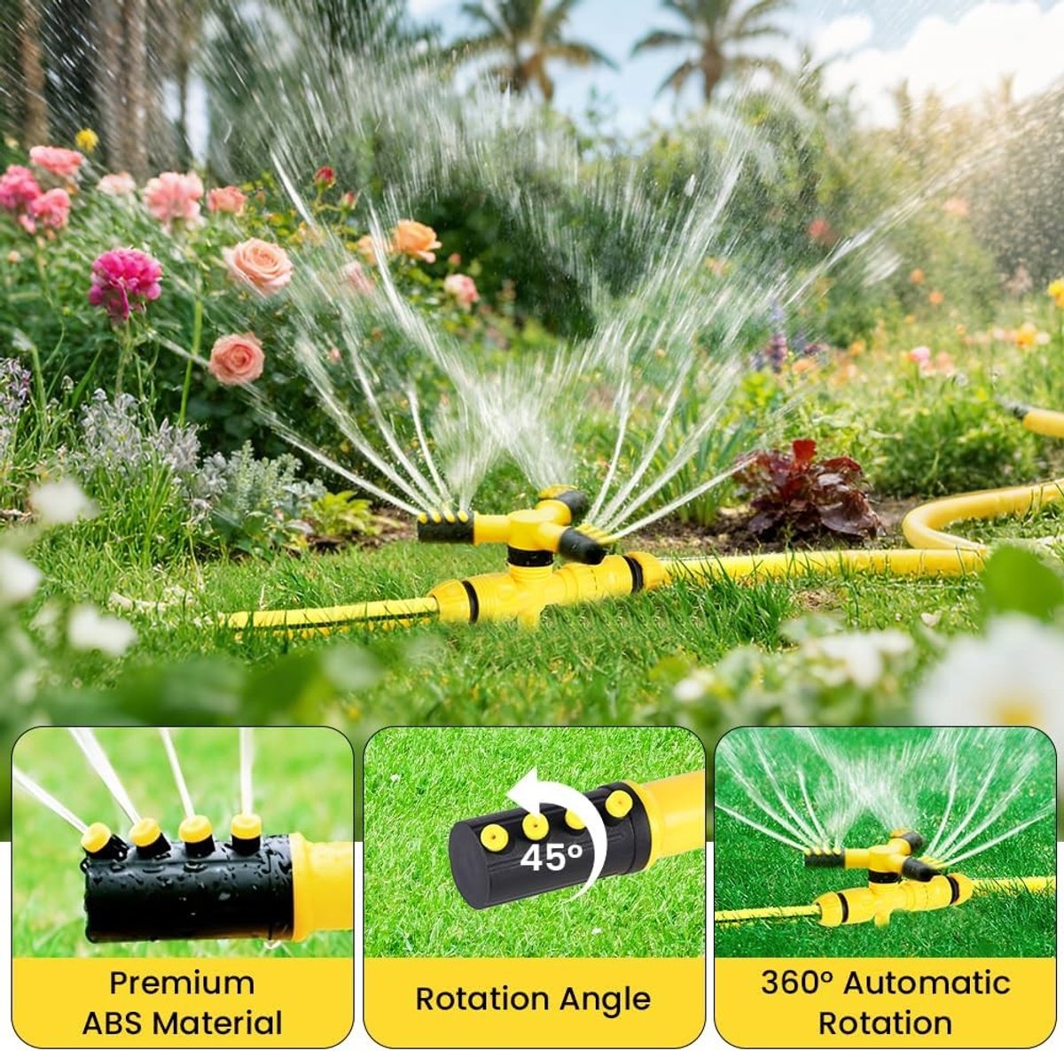 Automatische Tuinsproeier met 360° Rotatie, 3 Verstelbare Spuitarmen en Eenvoudige Installatie voor Efficiënt Besproeien van Tuinen en Planten