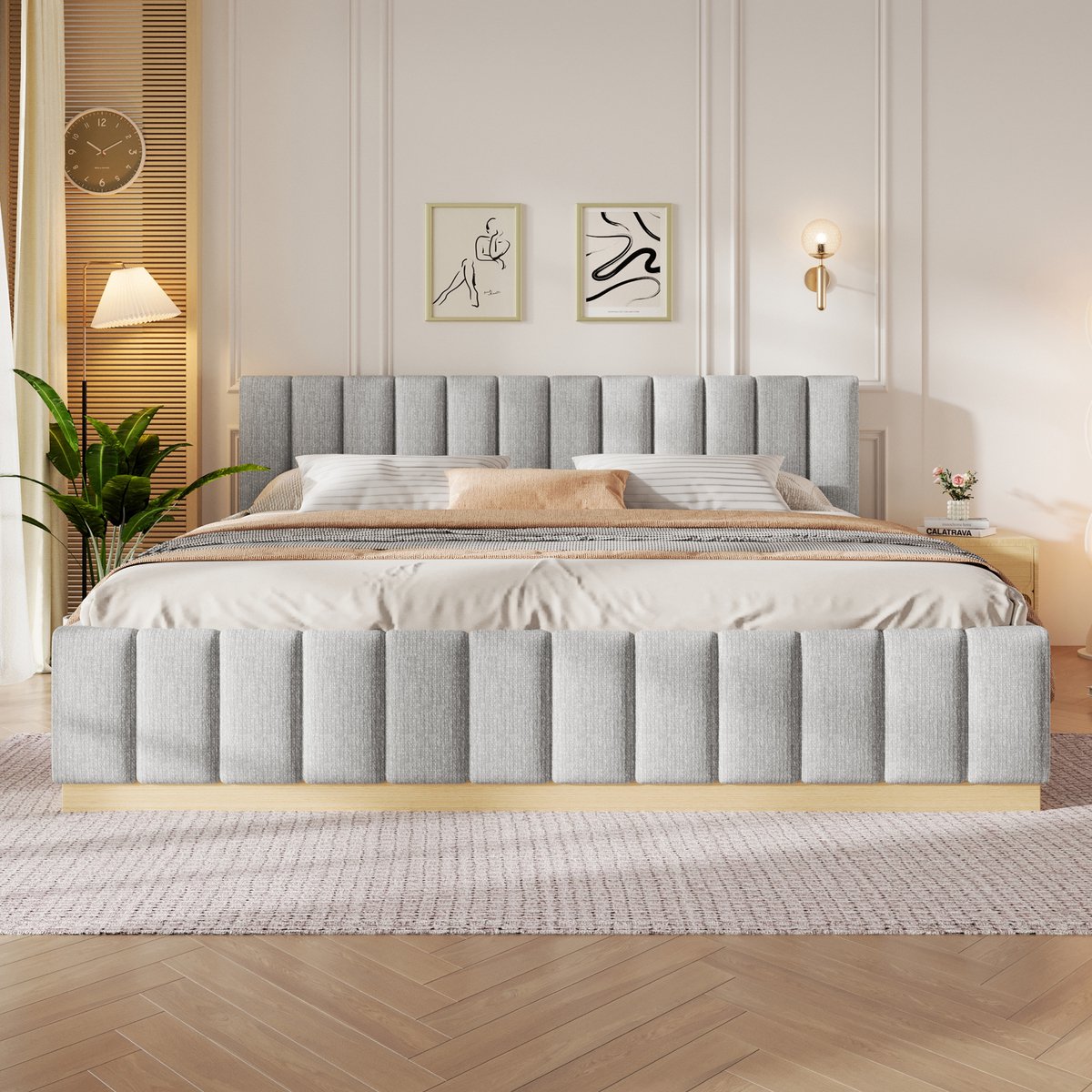 Merax Gestoffeerd bed 180 x 200 cm - inclusief lattenbodem - hoofdbord - gestoffeerd hoofdbord - zonder matras - grijs