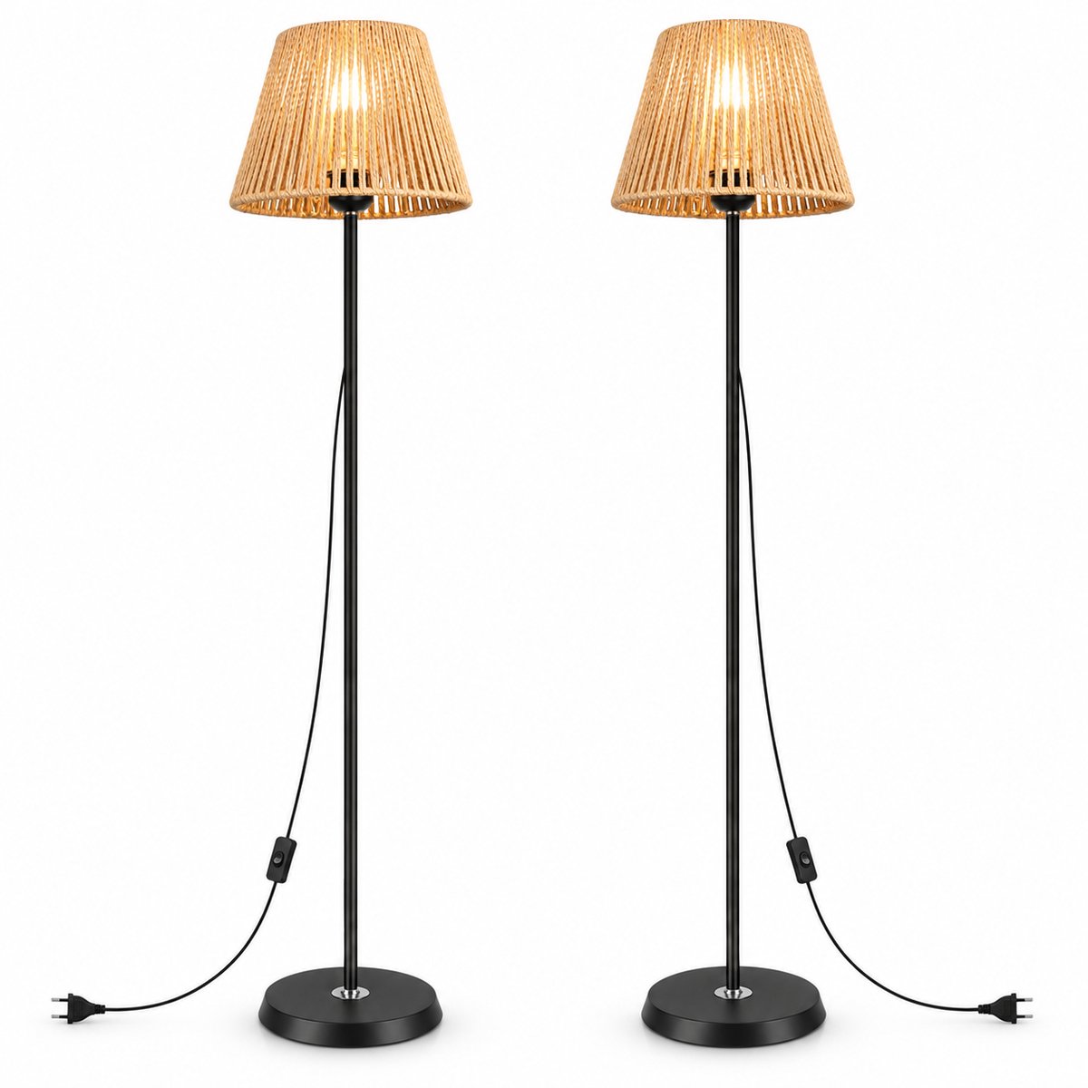 LOVHAUS Set van 2 Rotan Vloerlampen 140 cm – Met Gevlochten Kap en Voetschakelaar – Zonder Lamp