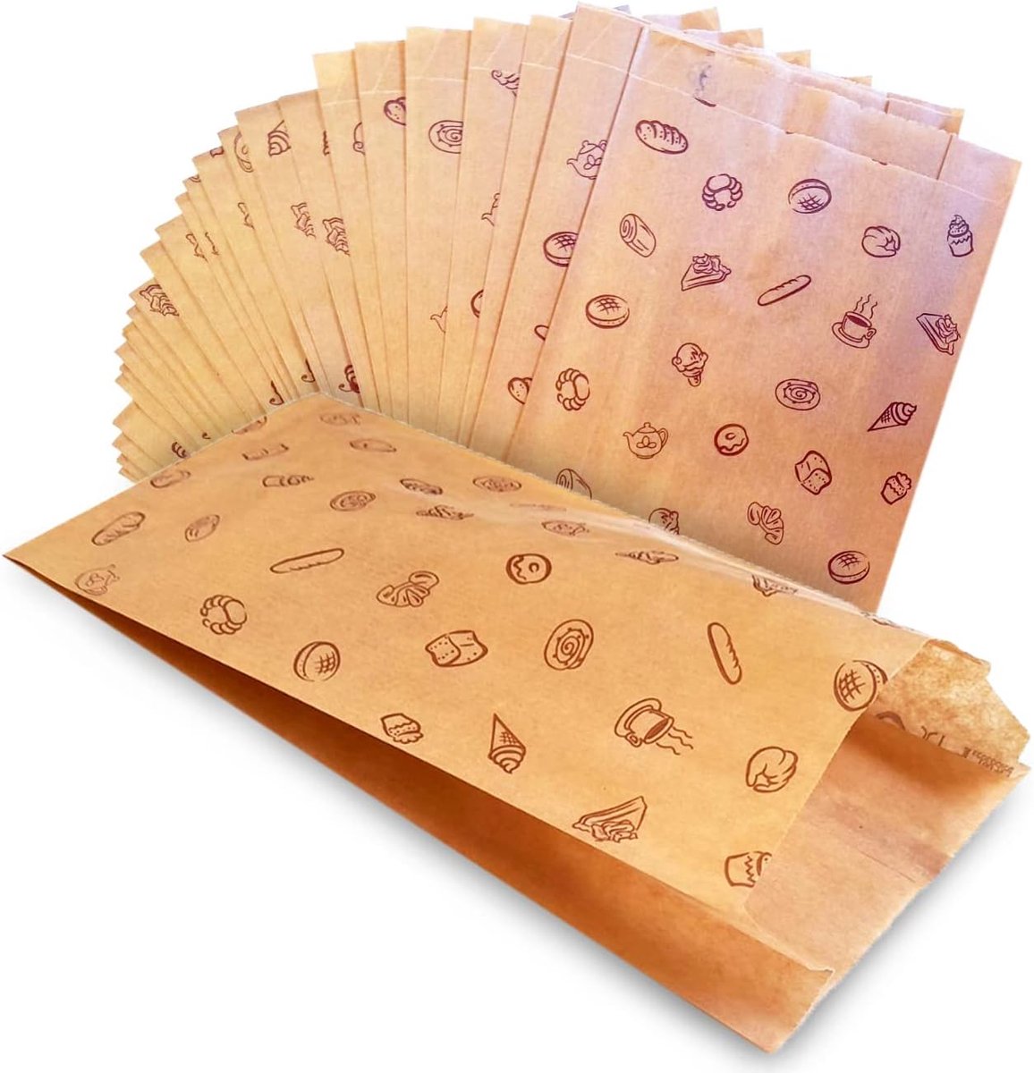 100 stuks bruine zakjes van kraftpapier, zonder handvat, met opdruk van brood, brood, sandwich, koekjes, fruit, noten, snacks, lunch, 25 x 15 cm, 100 stuks