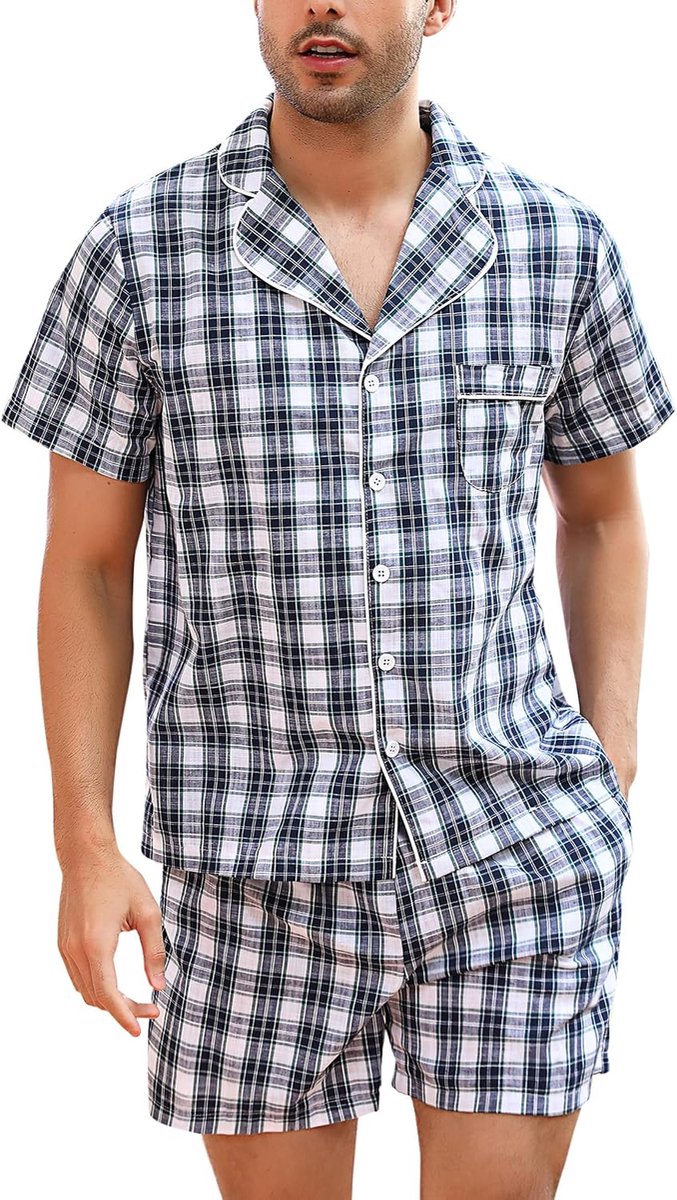 pyjama katoen korte pyjama zomer korte mouwen tweedelige nachtkleding loungewear met pyjamabroek kort S-XXL, F-blauw, XL