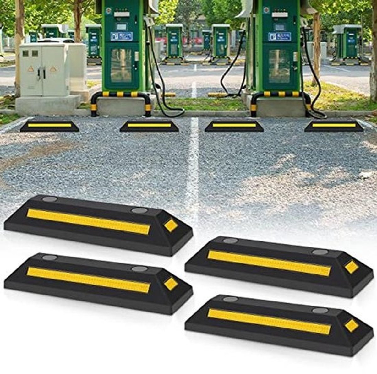 Pack van 4 Rubberen Wielstopper - Parkeerblok met Reflecterende Strips voor Garage en Parkeerplaats