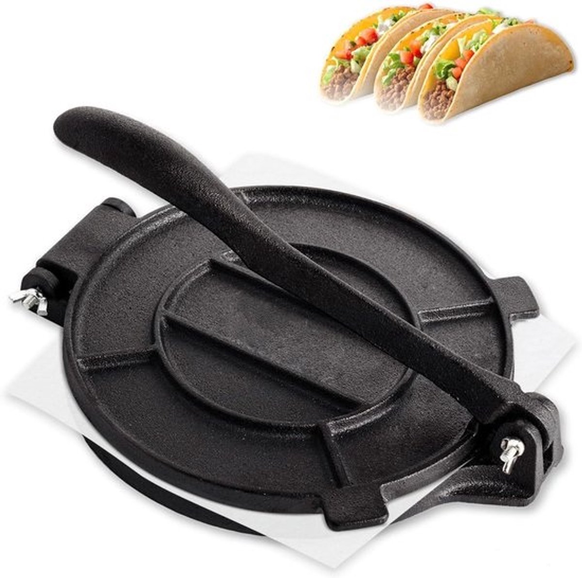 Gietijzeren Tortillapers 25 cm - Verstelbare Pers voor Zelfgemaakte Tortilla's, Zwart