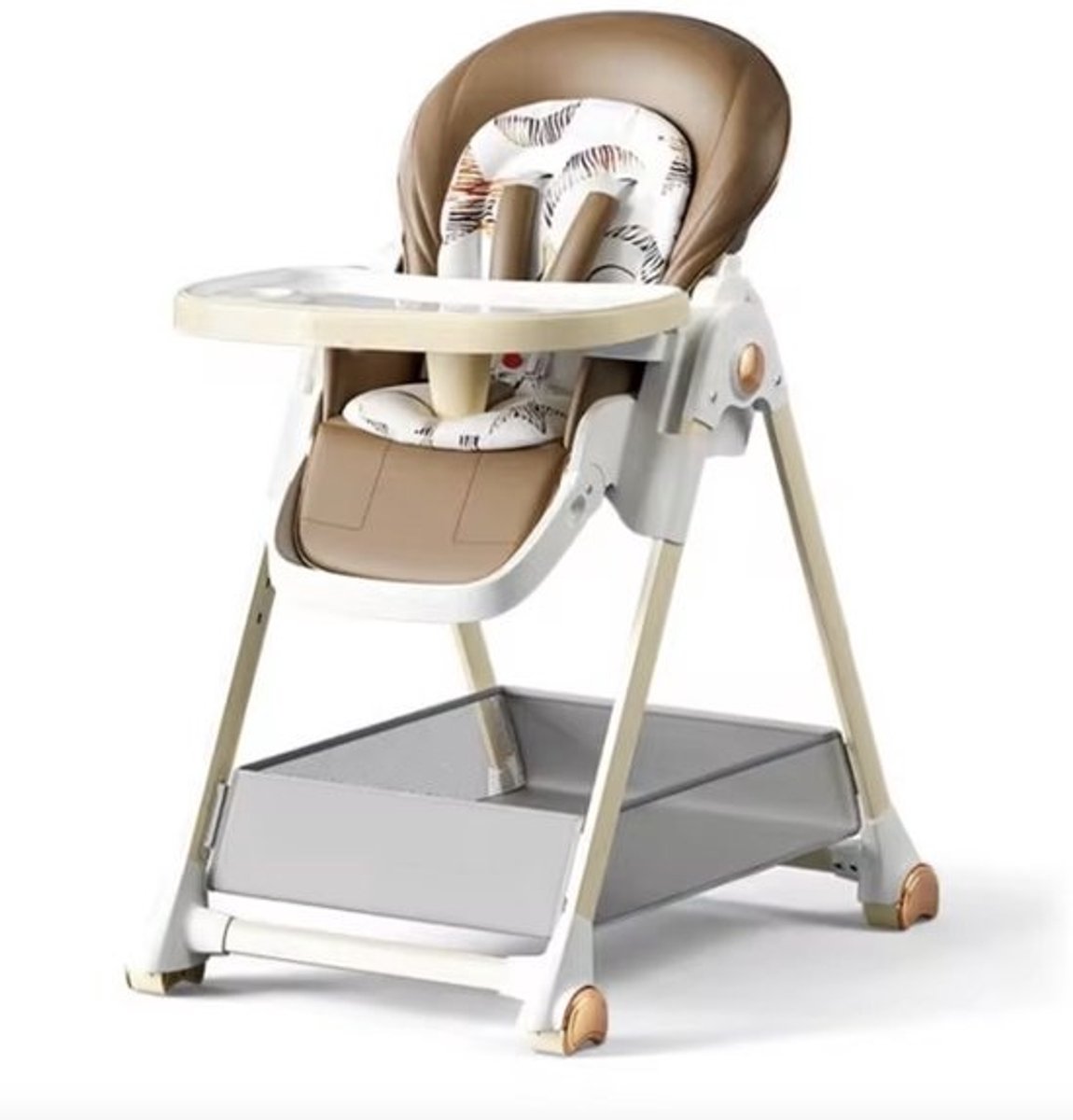 J&R Kinderstoel - Babystoel - Baby stoel - Baby eetstoel - babystoel voor aan tafel - Met wieltjes - Kantelbaar - Opvouwbaar - PU Leer - Bruin