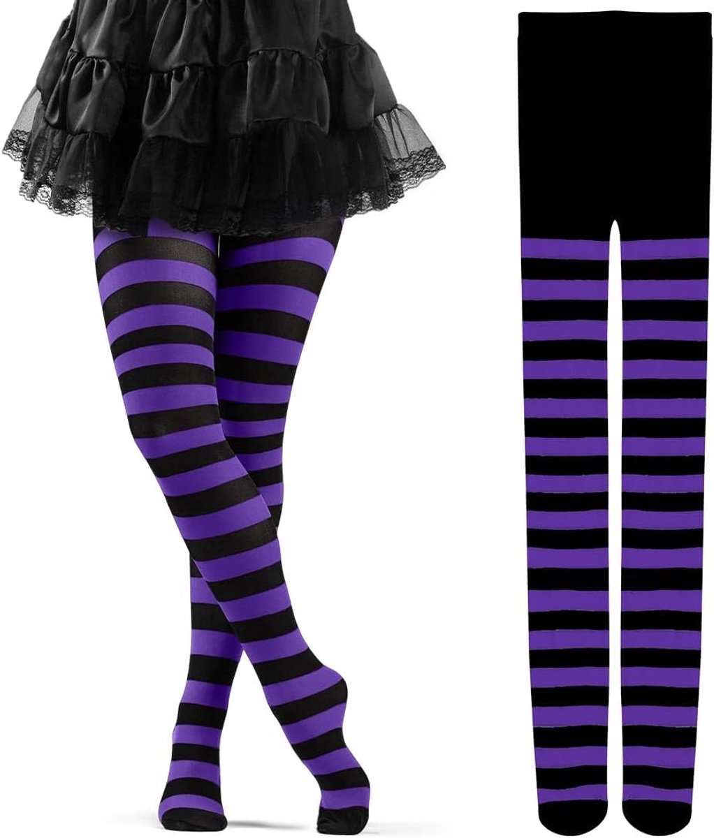 Gestreepte Opaque Leggings voor Dames in Zwart en Paars - Perfect voor Halloween, Carnaval en Themafeesten