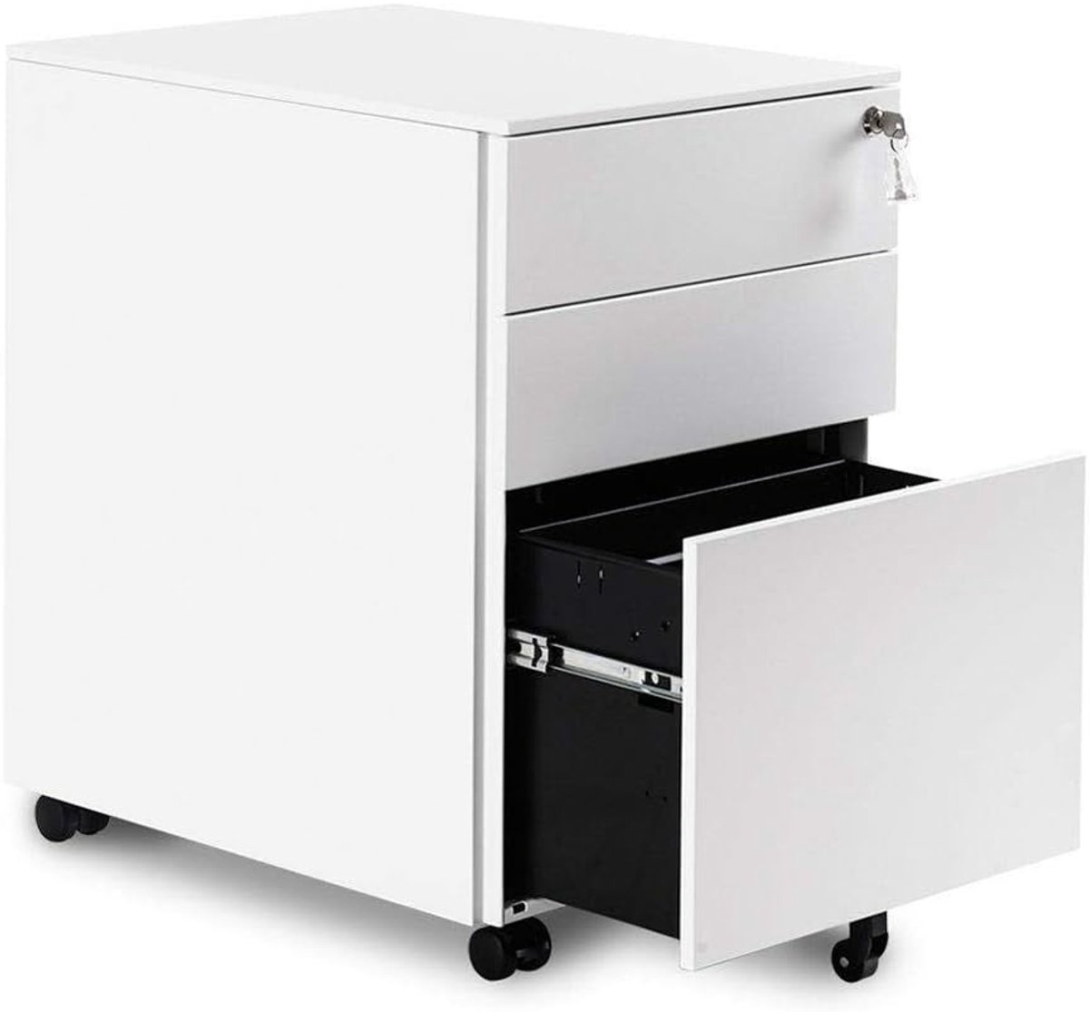 Afsluitbaar zijkabinet mobiele bestandskast met 3 lade en onderaan 5 wielen, A4-papier, staal, 60 * 39 * 52 cm, gebruikt voor woonkamer, slaapkamer, studeerkamer, keuken