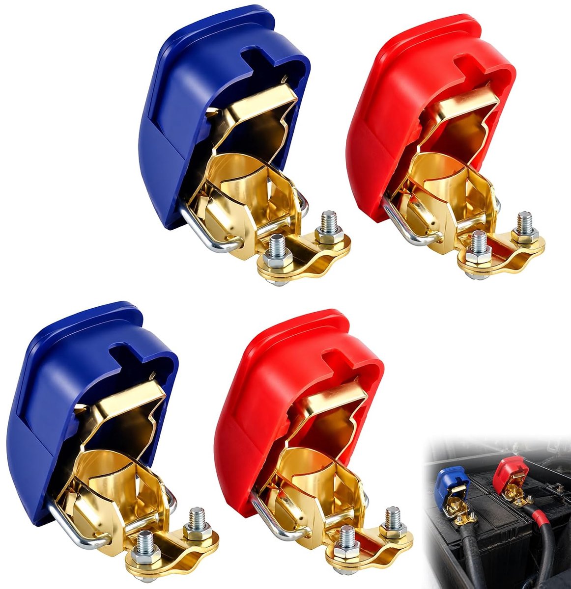 2 paar accuklemmen, accuklemmen 12 V poolklem, 12 V auto accupoolklemmen, autoaccuklemmen, poolklemmen accuklemmen voor auto, motorfiets, vrachtwagen, boot, rood/blauw