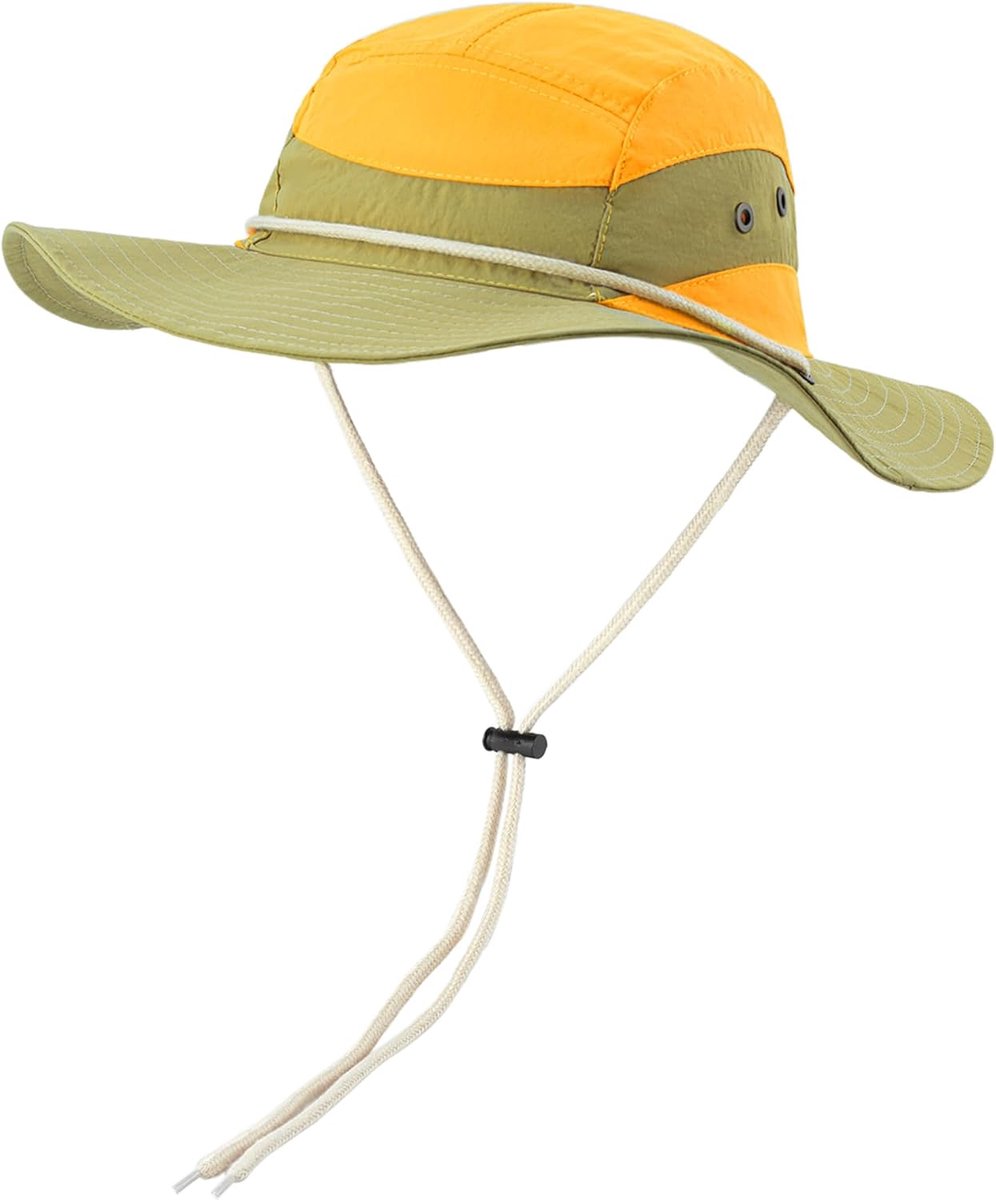 outdoor Gorpcore vissershoed, emmerhoed, zonnehoed, zonwering, sneldrogend, ademend, voor hoofdomtrek 56-58 cm, kaki en geel, kaki en geel, 56-58