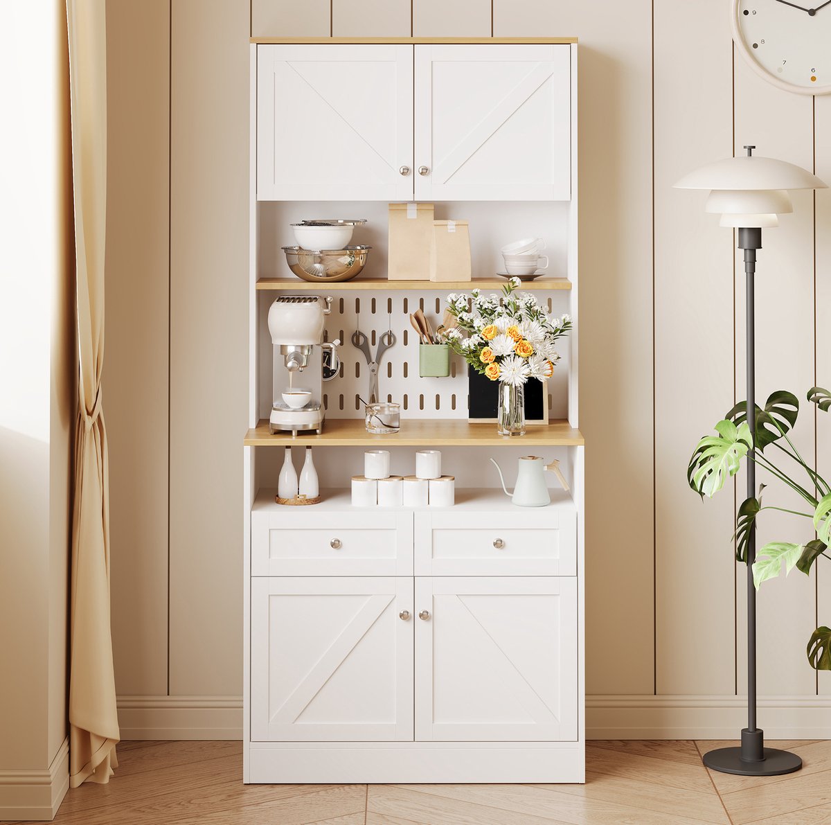 MEUNIQ Keukenkast en sideboard 80 x 40 x 175 cm met 4 deuren, 2 lades, open vakken en pegboard voor keuken of eetkamer – wit en naturel