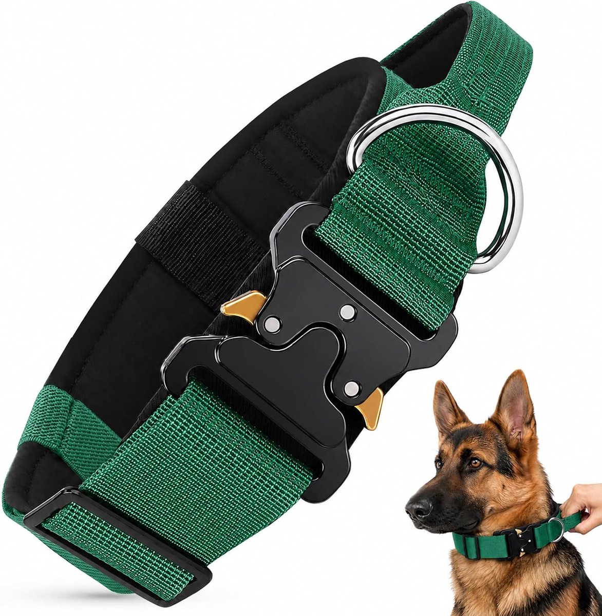Tactische halsband voor grote middelgrote honden, militaire halsband verstelbaar, gevoerd, met handvat en metalen gesp, voor wandelen en training (smaragdgroen, M)