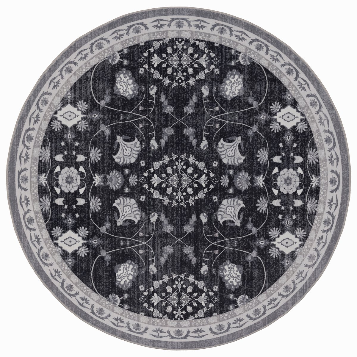 Rond Vintage Vloerkleed Atlas Bloemen 160 cm - Wasbaar Antislip Zwart