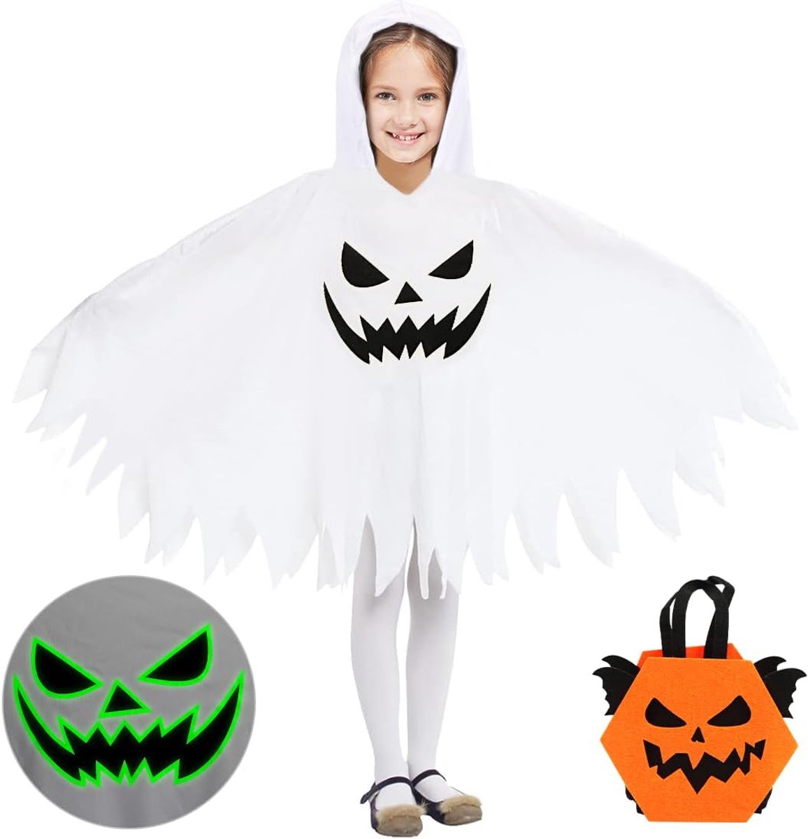 Spookkostuum voor meisjes, spookjurk, Halloween, witte spookcape met capuchon, spookkostuum, cosplay, Halloween, carnaval