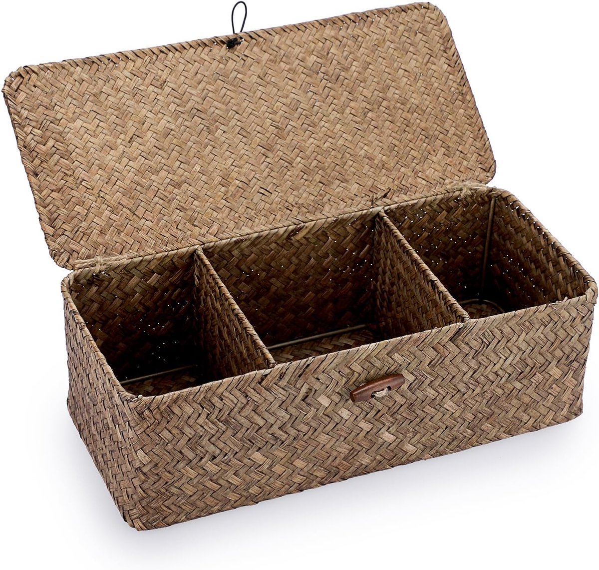 Seegras opbergdoos met deksel, natuurlijke zeegrasmand, 3 vakken, geweven rotanbox, multifunctionele rekmand, rechthoekig, gevlochten mand voor in de woonkamer, theetafel, slaap, bad, café
