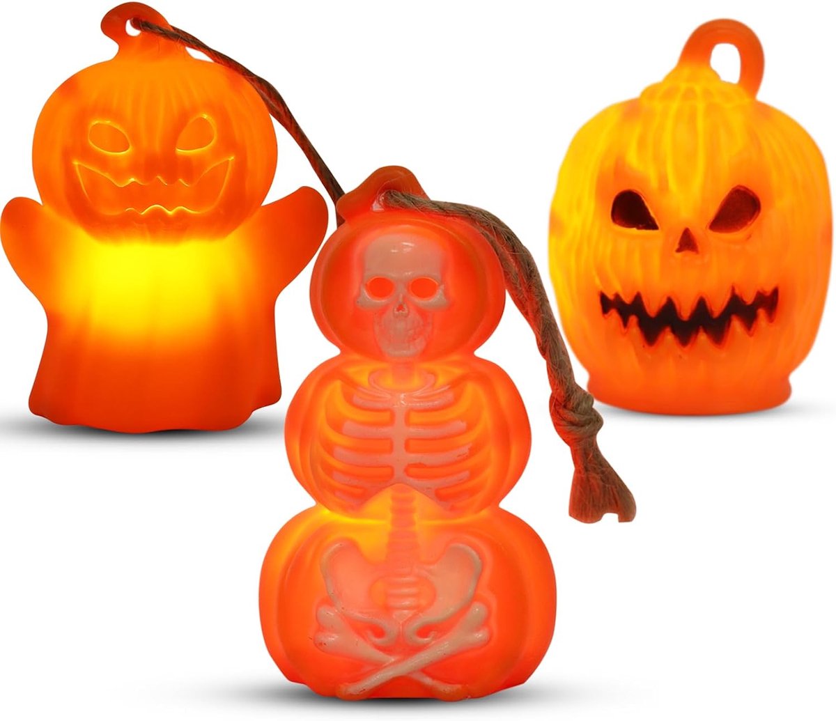 Decoratieve led-pompoenverlichting, 3 stuks Halloween pompoen geesten skelet lantaarn, werkt op batterijen, om op te hangen, voor herfstdecoratie, tafel, feesten, tuin en binnen en buiten