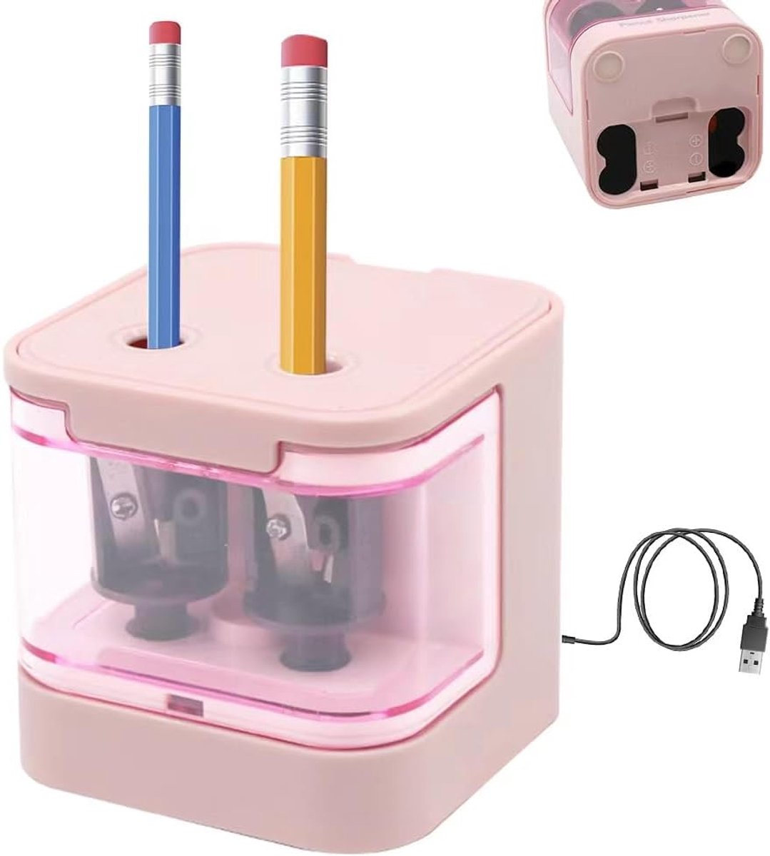 Puntenslijper JIJICZ 6-12 mm USB en batterijslijper elektrisch met houder, automatische elektronische puntenslijper voor dikke en dunne potloden, kinderen, thuis, school, blauw