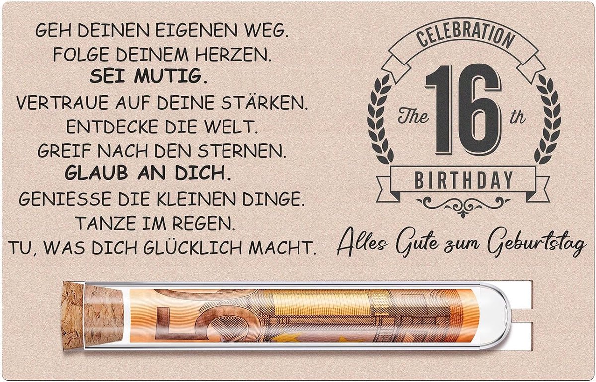 16e verjaardag meisjes jongens geschenk houten kaart reageerbuis geld voucher verpakking