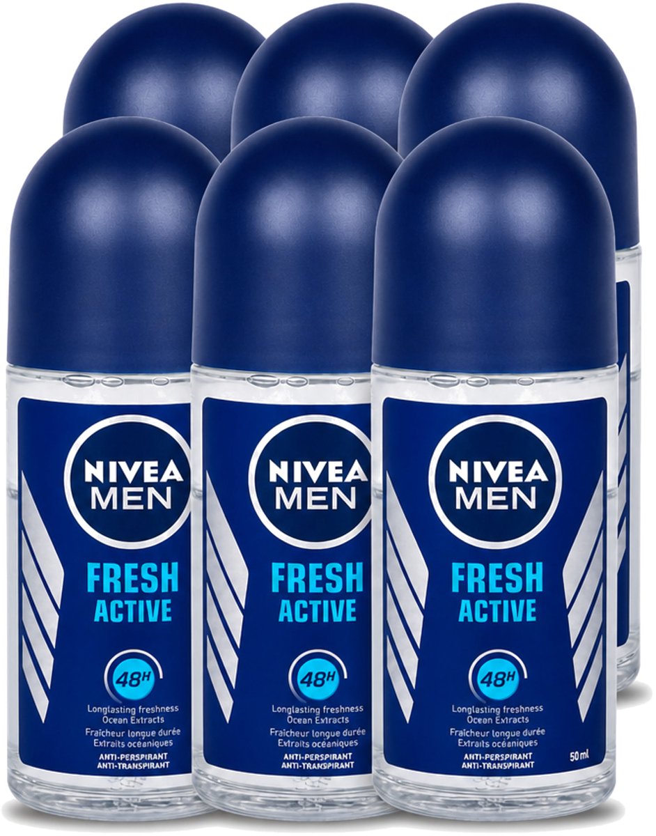 6 x Nivea - Fresh Active Roll-On - Antiperspirant - 48 Uur Lang Werkend - 50 ml - Voordeelverpakking - 6 stuks