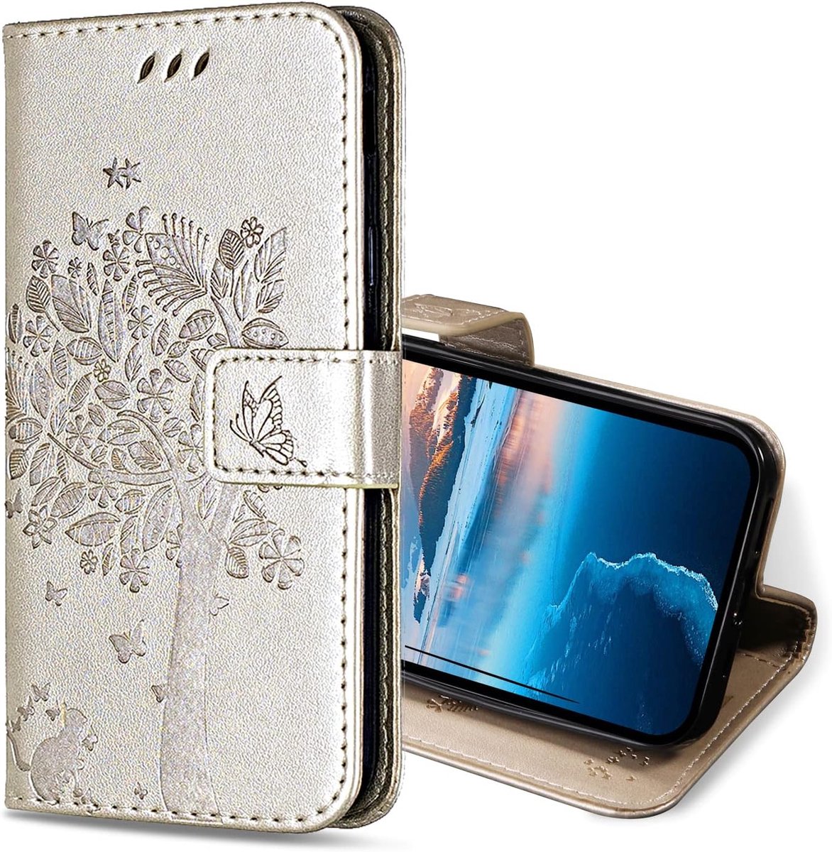 Hoesje voor iPhone 14 / iPhone 13, Kunstleren Bookcase Hoes met Pasjeshouder, Retro Kat en Boom Telefoonhoesjes Wallet Case voor iPhone 14 / iPhone 13 (Goud)