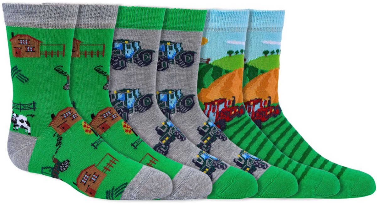 Kindersokken | Grappige Sokken | Print: Tractor | Kleur: Groen | Maat: Diverse Maten | 6 Paar