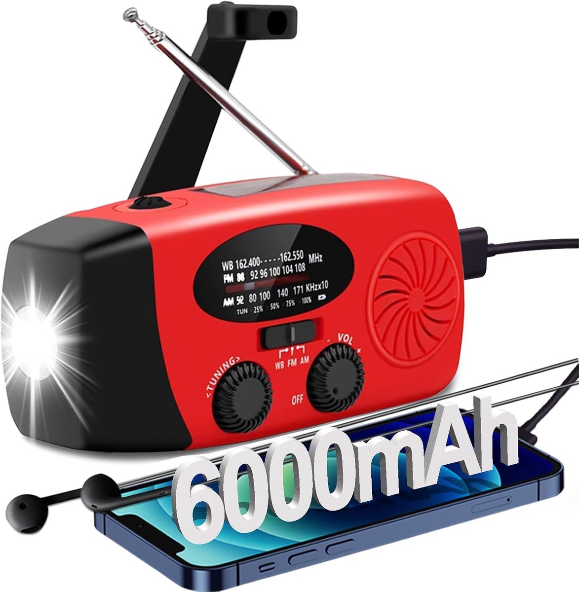 Op zonne-energie werkende, met de hand aangedreven noodradio voor weerswaarschuwingen, 6000 mAh capaciteit, draagbare NOAA AM/FM-radio met SOS-alarm, LED-zaklamp en USB-oplader voor smartphones, geschikt voor kamperen (rood).