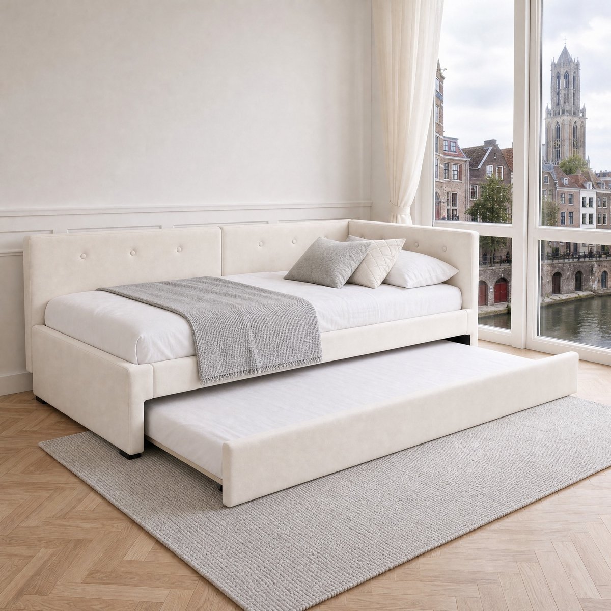 WUVRIE Slaapbank 90x200 cm met uitschuifbaar rolbed, hoofdbord en lattenbodem, beige