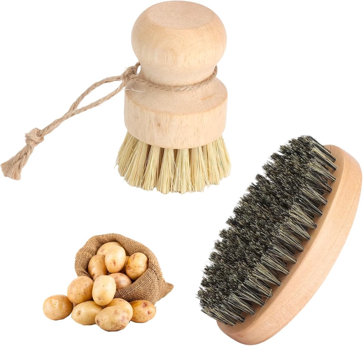 Set van 2 Natuurlijke Houten Keukenborstels voor Afwassen, Groenten en Pannen, Duurzaam en Sneldrogend