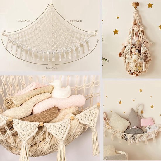 Macramé Knuffeldieren Hangmat - Boho Stijl Speelgoed Opbergnet voor Kinderkamer | Ruimtebesparende Ophangorganizer voor Knuffels | Stevig Geweven Katoen met Veilig Bevestigingssysteem | Eenvoudig te Installeren — afbeelding 5