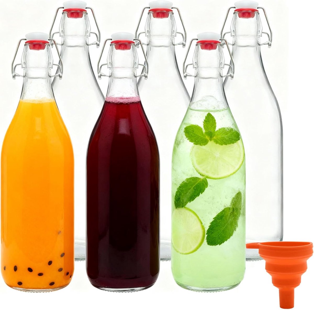 Flessen, 500 ml, met mechanische sluiting en trechter, kleine luchtdichte likeurfles, flessen voor het bewaren van bier, wijn, olie, azijn, vruchtensap, water, kombucha
