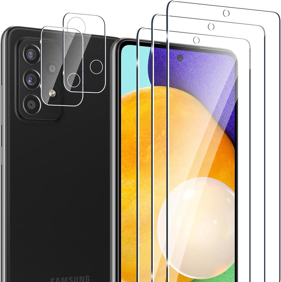 3 + 2 stuks gehard glas, compatibel met Samsung Galaxy A52/A52s 5G, en camerabeschermingsfolie, zonder luchtbellen, hardheid 9H, krasbestendig, HD-displaybescherming