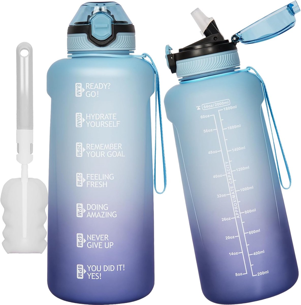 Drinkfles, 2 liter, met rietje en tijdmarkering, BPA-vrij, grote waterfles met tijd, motiverende sportfles voor fitness en gym