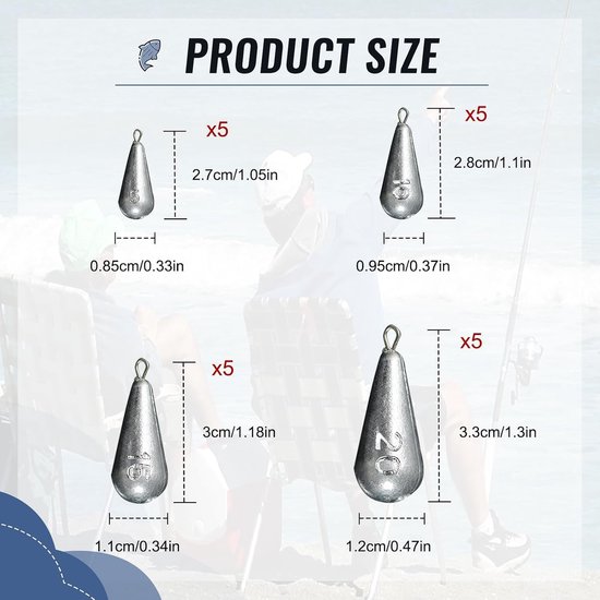 20 Stuks Vis Gewichten Drop Shot 5g/10g/15g/20g - Peervormige Lood Sinker voor Zee- en Zoetwatervissen — afbeelding 5
