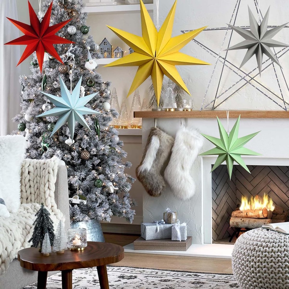 Set van 5 Kerstdecoraties - Papieren Sterren voor het Ophangen van Lichten, Raamdecoratie en Fotowanden in Huis