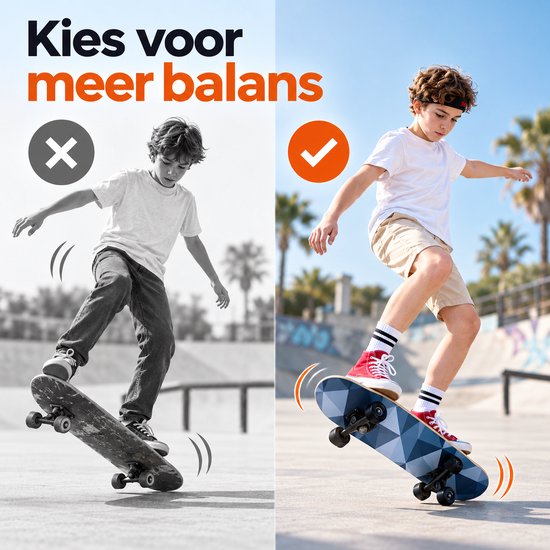 Jongens vergelijking: slechte balans op een oud skateboard vs. goede balans op een nieuw skateboard met de tekst 'Kies voor meer balans'.