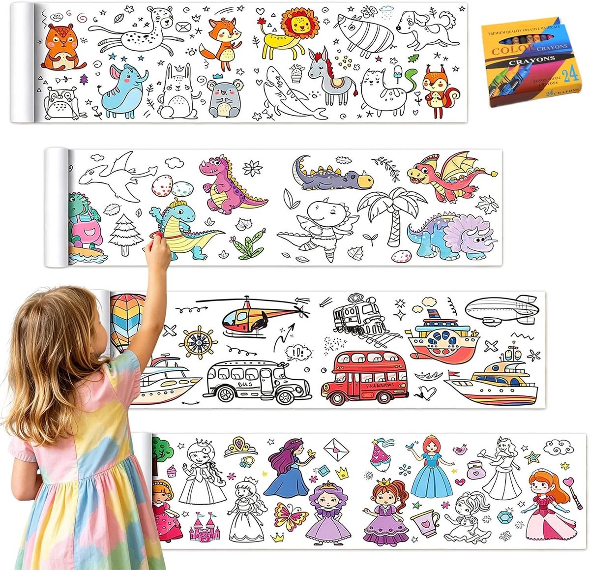 Tekenpapier Rol voor Kinderen met 24 Wasco's, Creatief Schilderen en Knutselen, 30 x 300 cm, Ideaal voor Kunstzinnige Activiteiten en DIY Projecten