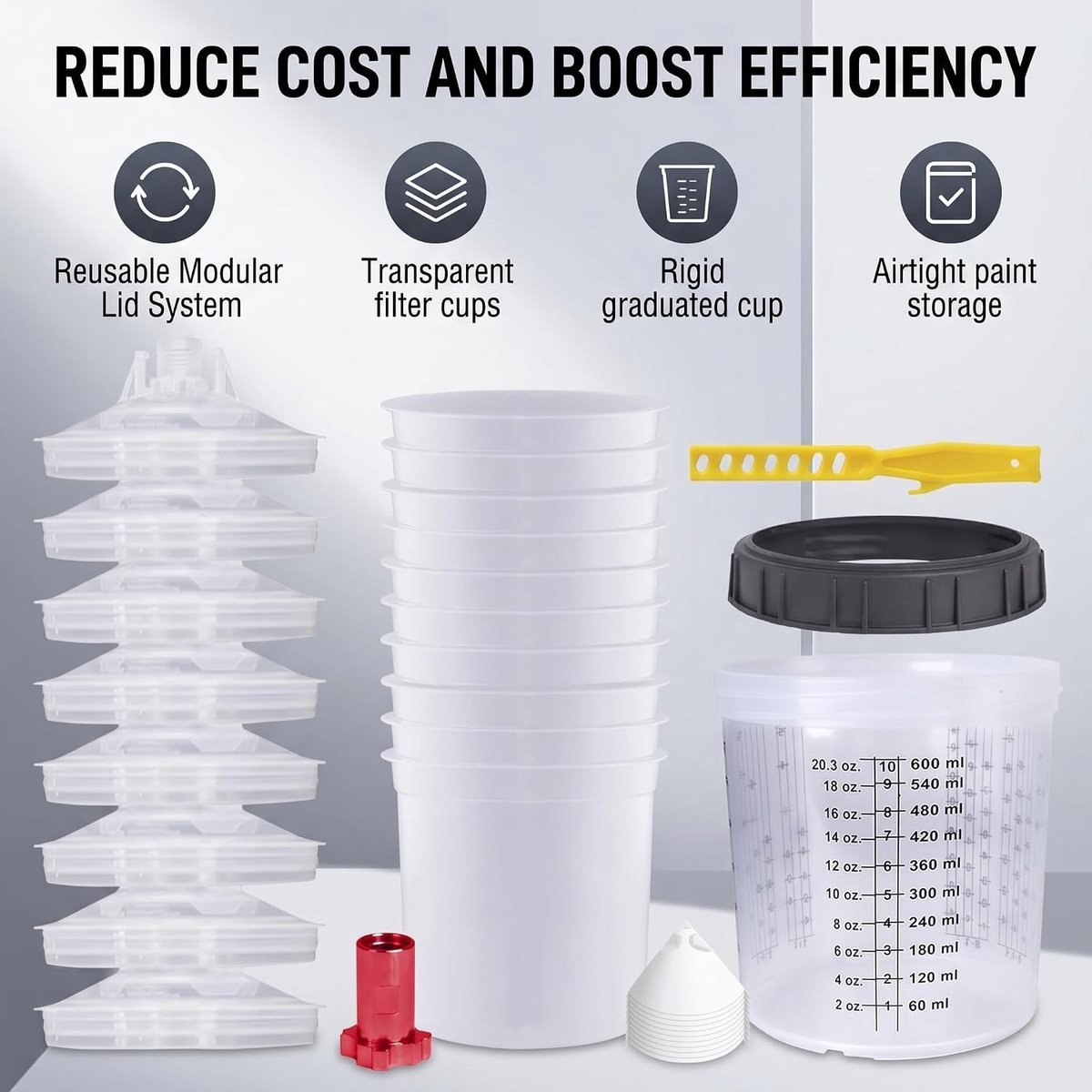 Set van 10 Wegwerp Verf Mengbekers 600 ml met Papieren Trechters en Roerstaaf voor Verf, Oplosmiddelen en Waterbasis