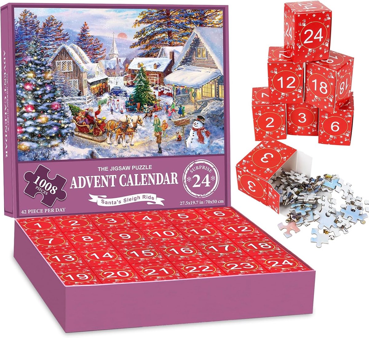 Adventskalender 2025, puzzel voor de familievakantie, 1008 stukjes, 24 puzzelzakken voor de kerstrug, creatieve decoratieve cadeaus voor meisjes en jongens