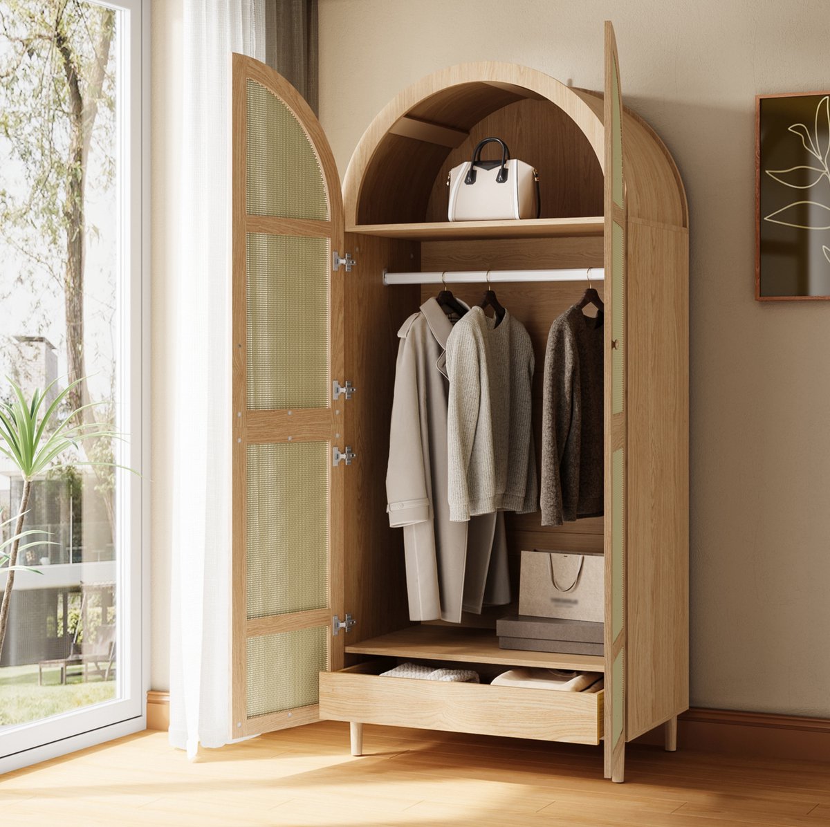MEUNIQ Kledingkast 80 x 50 x 179 cm met gebogen rattan deuren, kledingstang, vakken en onderste lades voor slaapkamer of hal, naturel