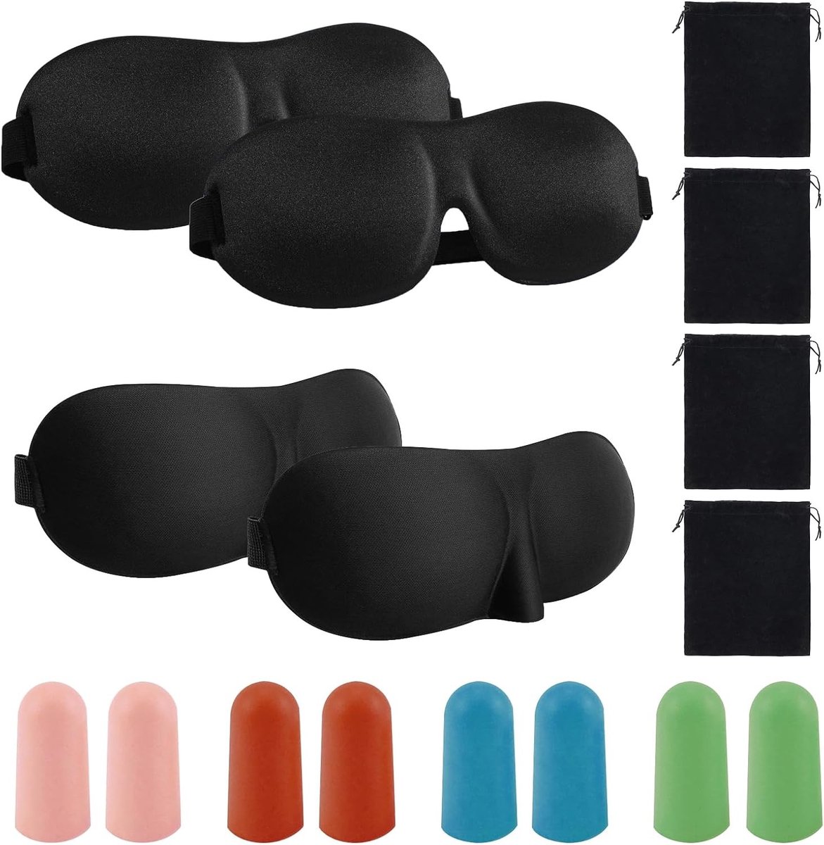 Set van 4 Zachte Oogmaskers en Geluidsdempende Oordopjes voor Ongestoorde Slaap, Ideaal voor Reizen en Ontspanning