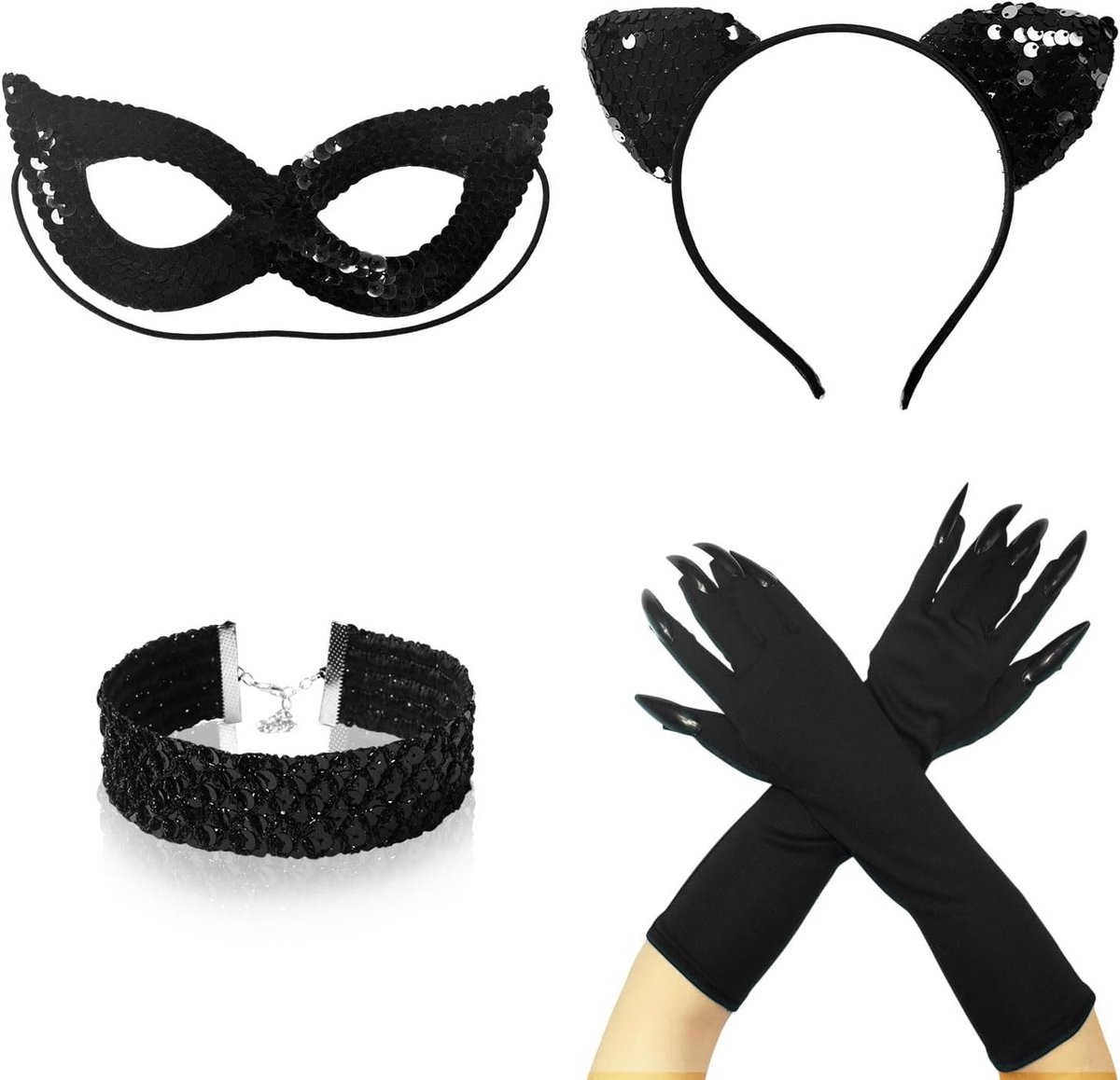 Set van 4 Kattenkostuum Accessoires met Oren, Maskers, Halsketting en Klauwen voor Halloween en Carnaval Cosplay Feest