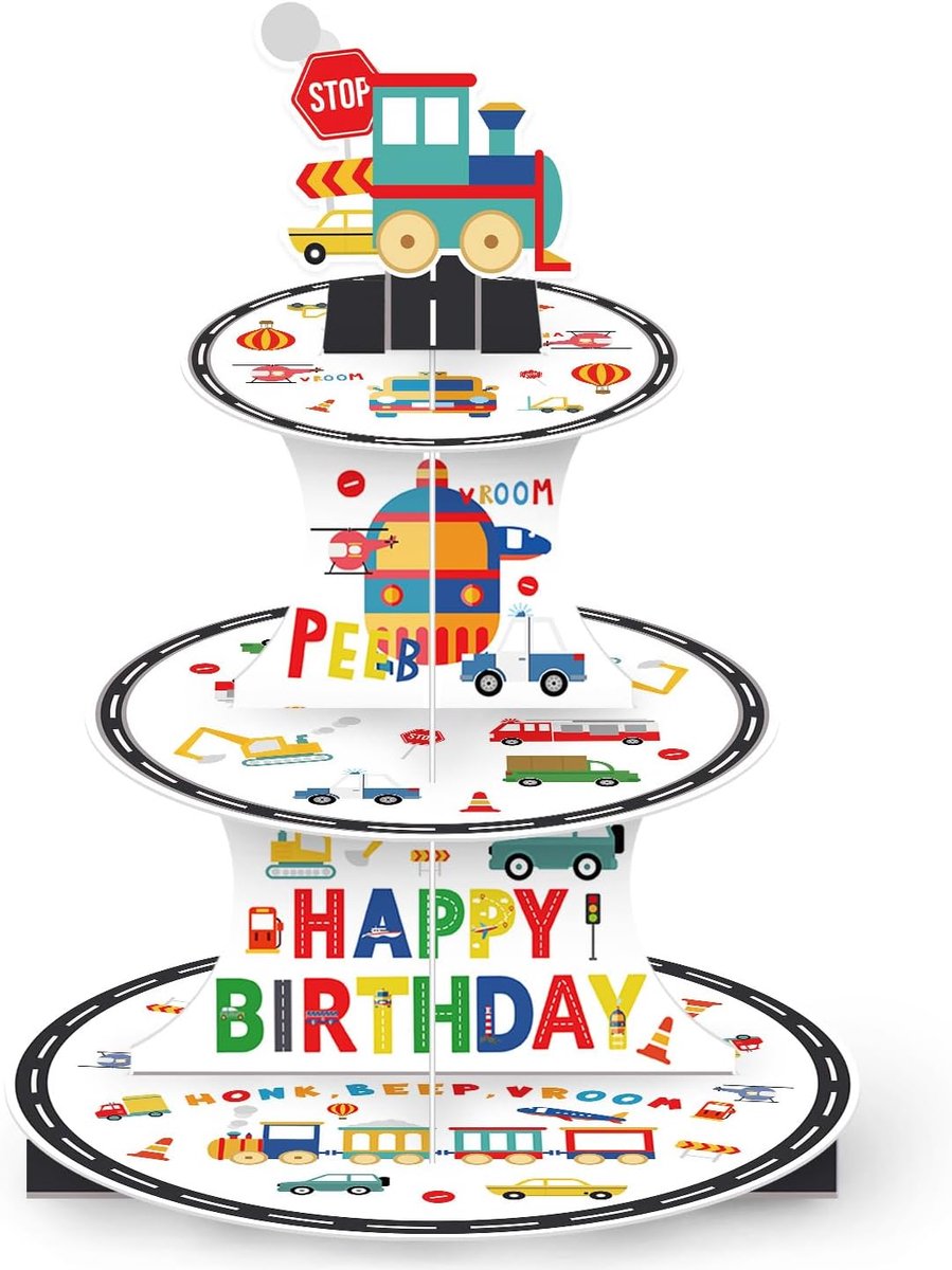 Taarthouder met drie verdiepingen, voor in de auto, cupcaketoren, engineering, autothema, verjaardagsfeestdecoratie, draagbaar, geschikt voor verjaardagen en mannen