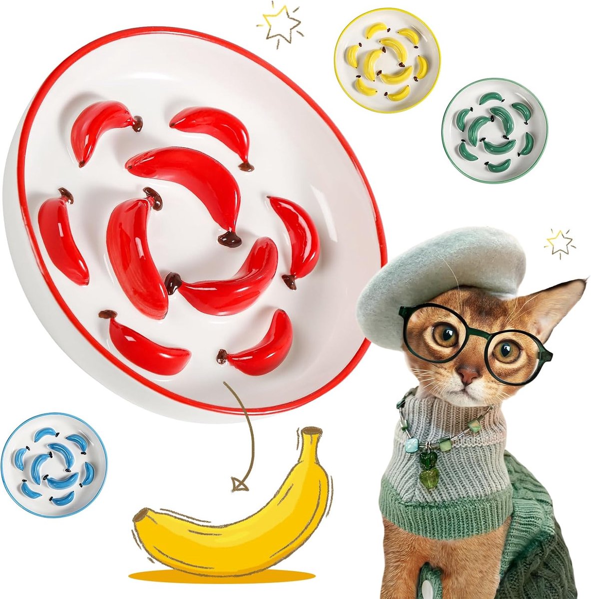 Antischrokbak voor katten van keramiek, kleurrijke labyrint voerbak voor langzaam eten, kattenbak tegen braken, rood, 16 x 3 cm