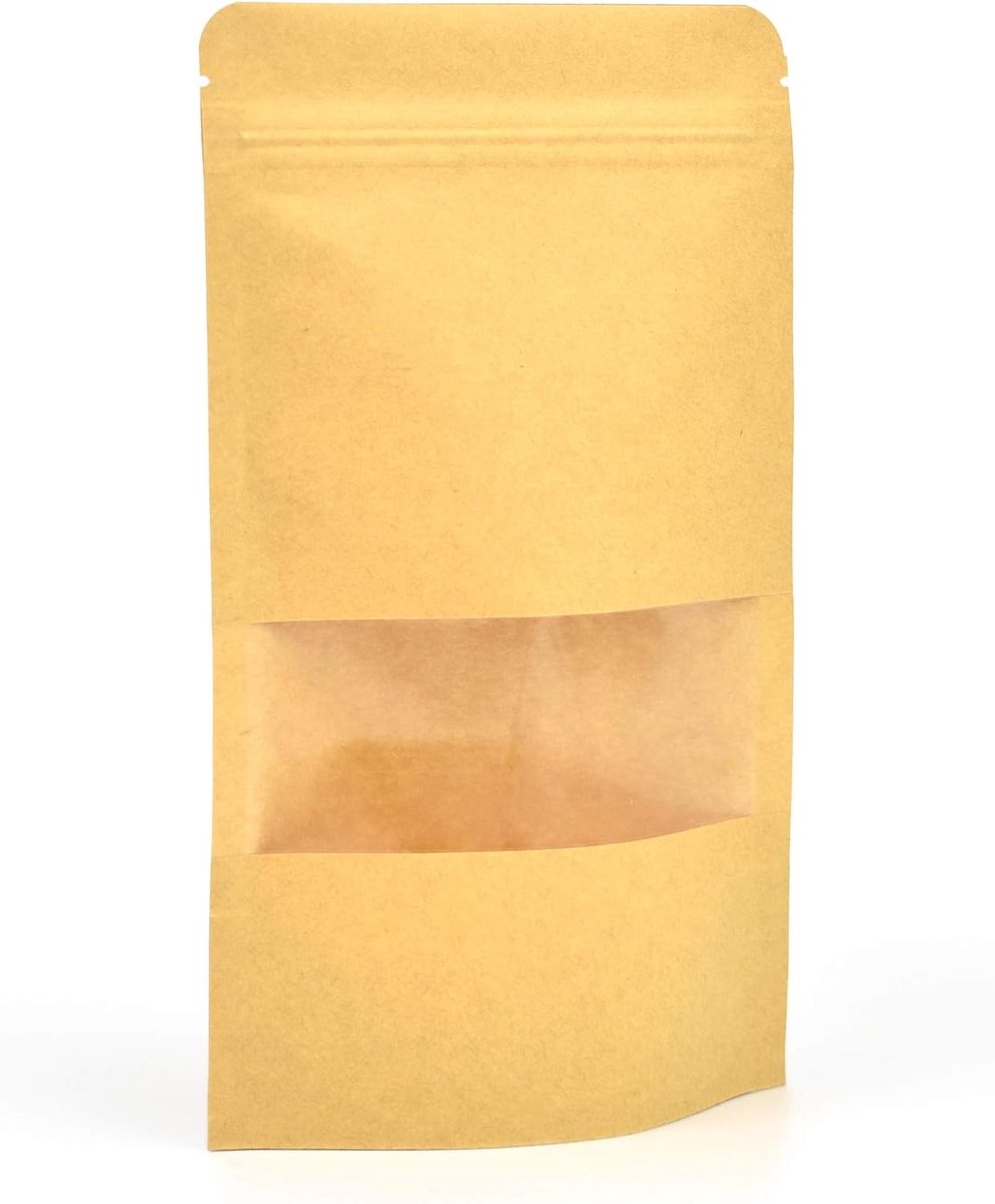 Goods 50 stuks Kraft zelfstaande bruine productverpakkingszakken met venster, herbruikbare ritssluiting/warmteafdichtbaar voor thee, koffiebonen, noten, zaden, gedroogd fruit (120 x 200 mm)