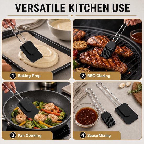 Set bevat een zwarte schraper en een zwarte borstel, keuken met zwarte siliconen kop, maryse, bakspatel, maryse, siliconen handvat, voor cake, room, chocolade en bakken — afbeelding 5