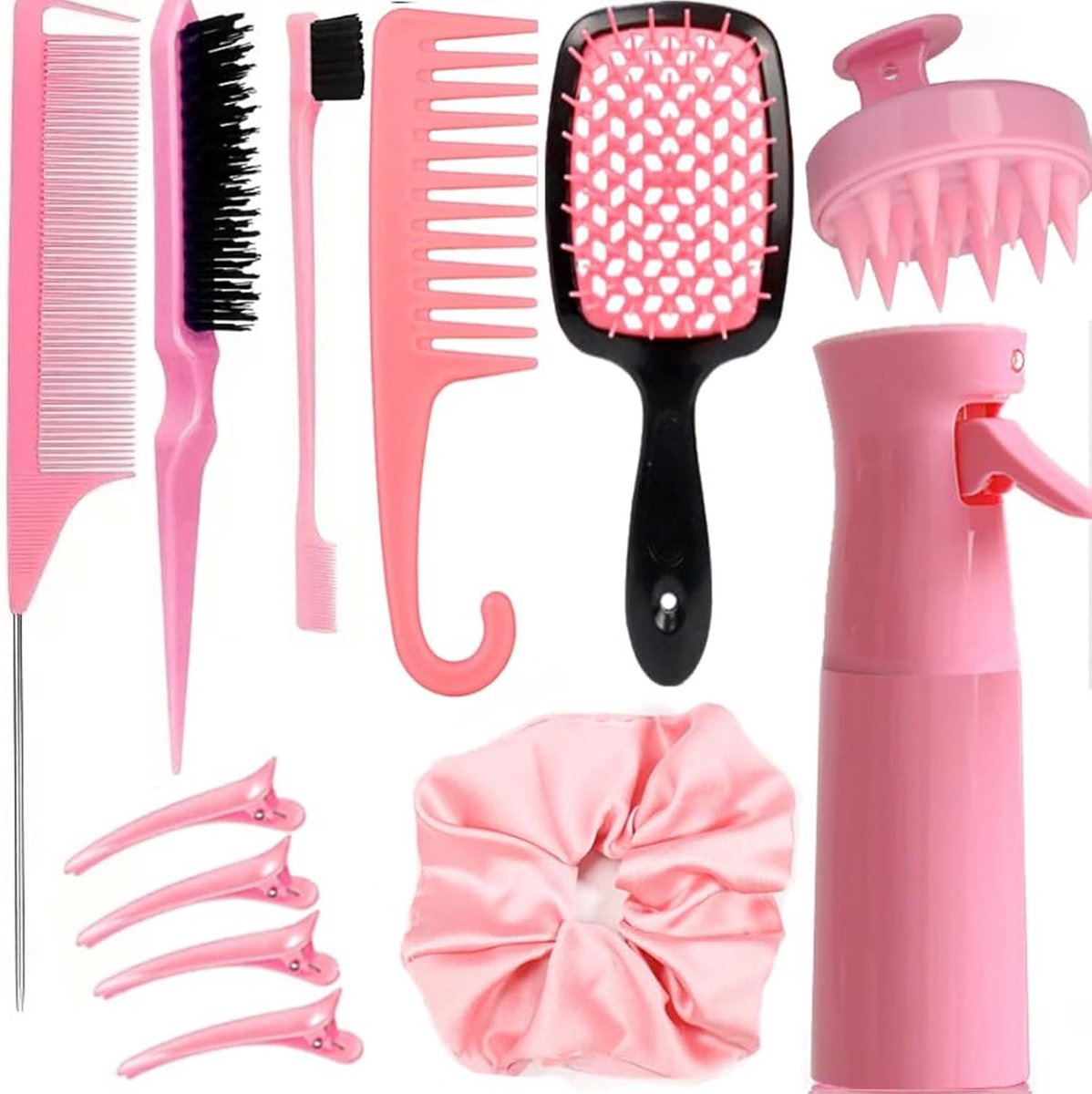 12-delige krulborstelset voor krullend haar, krulkam voor droog en nat haar, tangle Teezer met spuitfles en accessoires, roze, voor meisjes en vrouwen