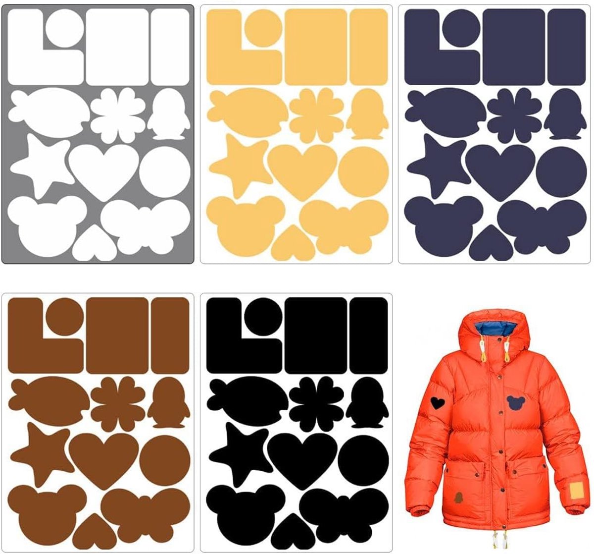 Reparatiepatches, zelfklevend, 5 vellen nylon, verschillende maten en vormen, donsjack voor donsjas, tent, buitenkleding, reparatie