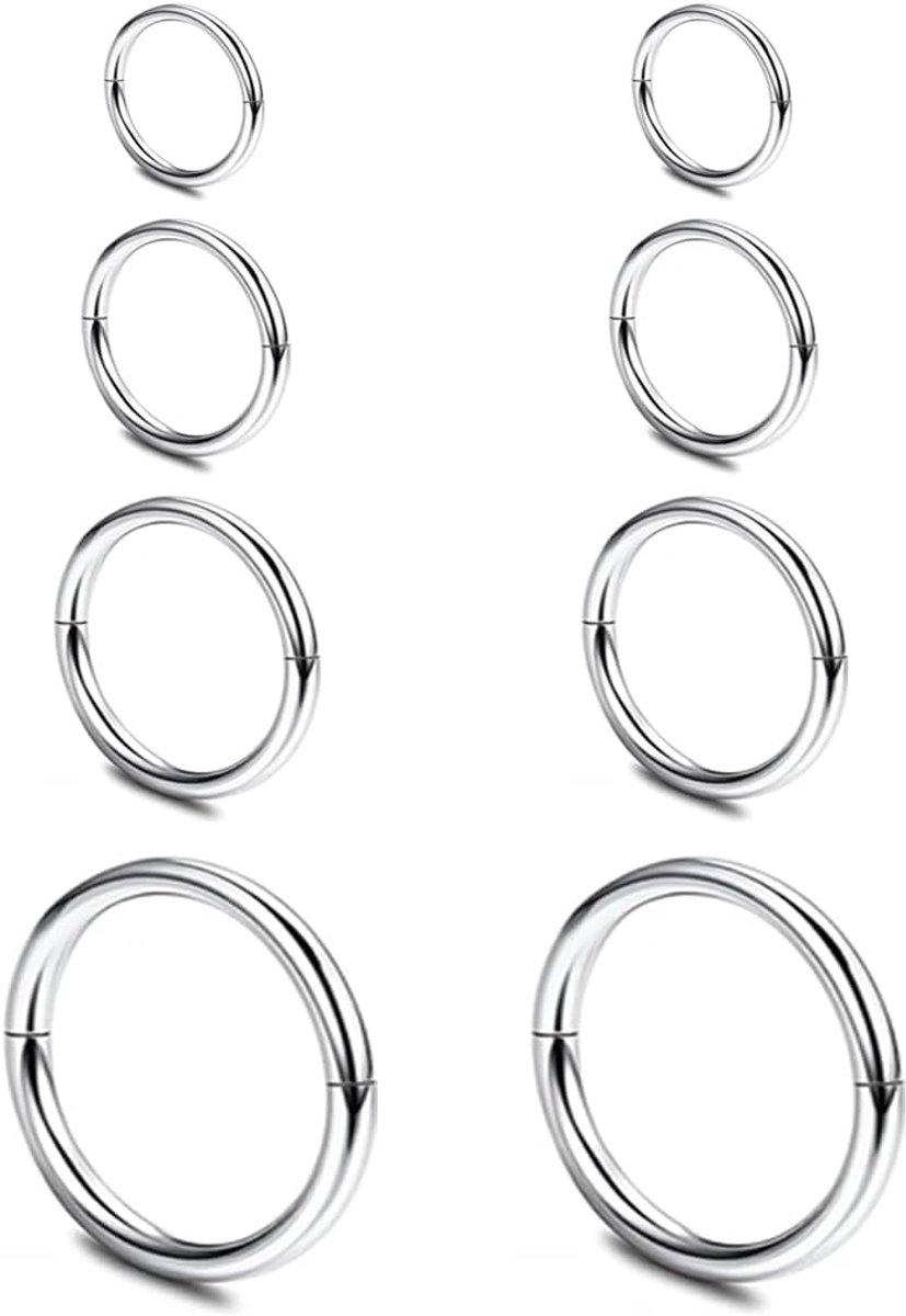 Ring, 8 stuks, zilver, 18G, chirurgisch staal, 8/10/12/14 mm, maten, septum-piercing, set voor dames en heren