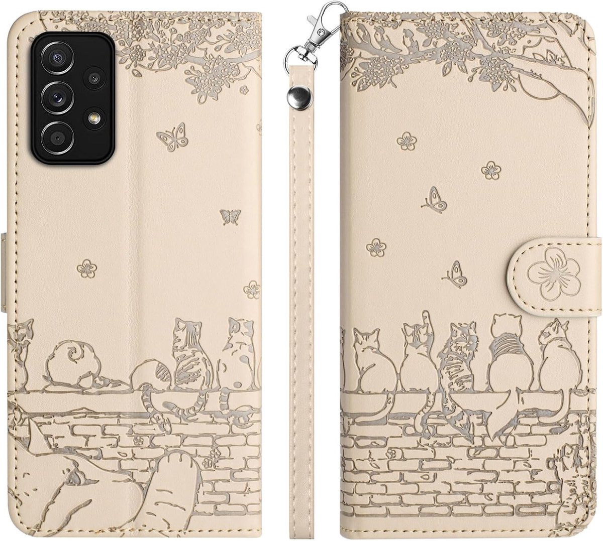 Flip Hoesje voor Samsung Galaxy A52 5G/A52s 5G, Vlinders Katten Bloemen PU-lederen Klapbare Hoes Telefoonhoesje Portemonnee met Kaarthouder Standaard Magneetsluiting, Beige