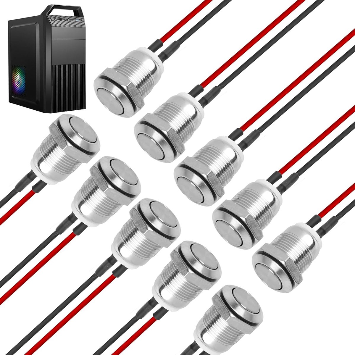 10 stuks drukknop, waterdicht, 12 mm, van roestvrij staal, momentane metalen drukknop, drukknop, hoge kop, 2 A, 12 V, voor elektronische toepassingen (platte kop met draad)