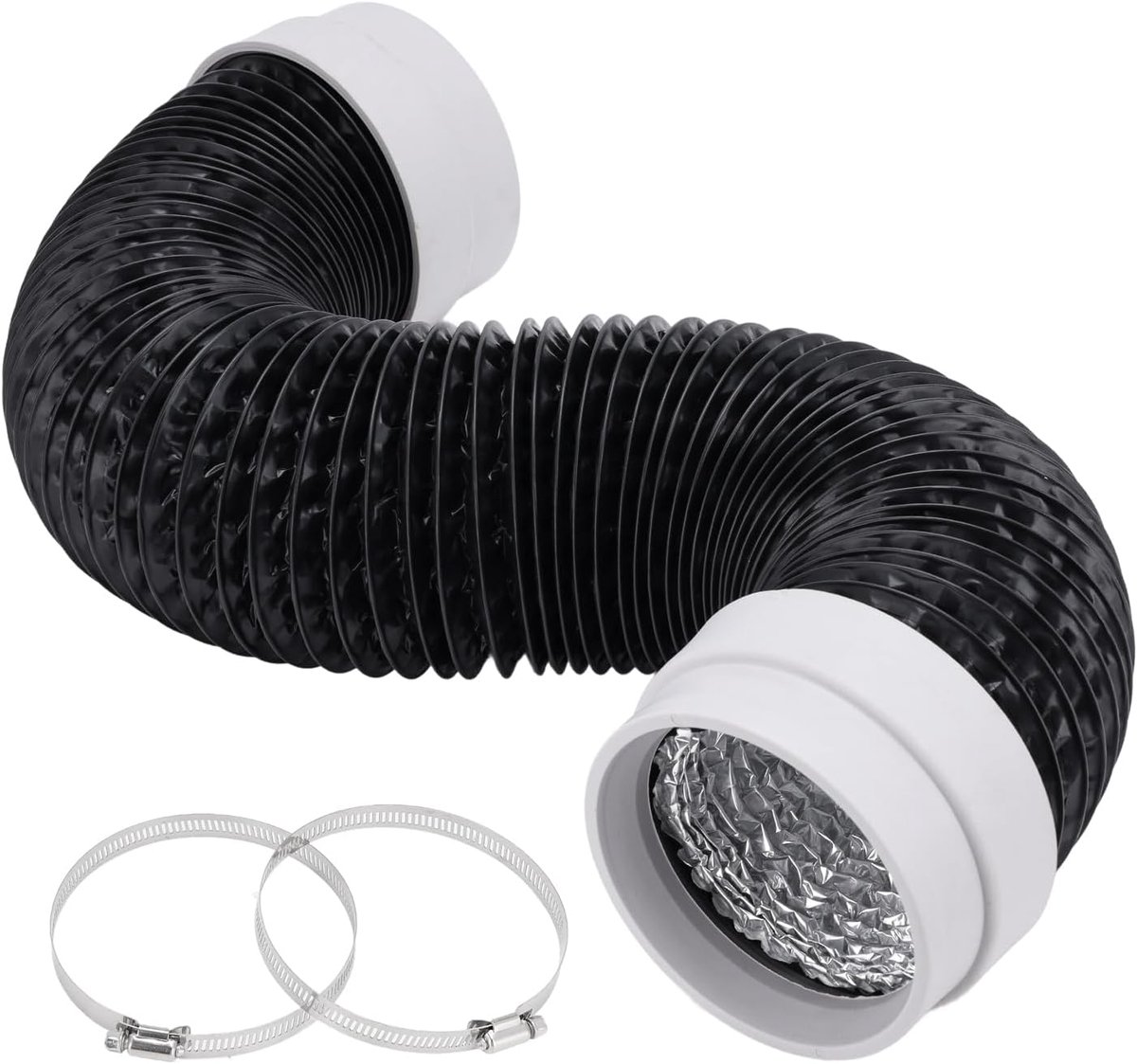100 mm, 1,5 m, aluminium buis, zwarte ventilatieslang met 2 slangklemmen, roestvrij staal, ventilatiebuis voor droger, afvoerventilator, afzuigkap