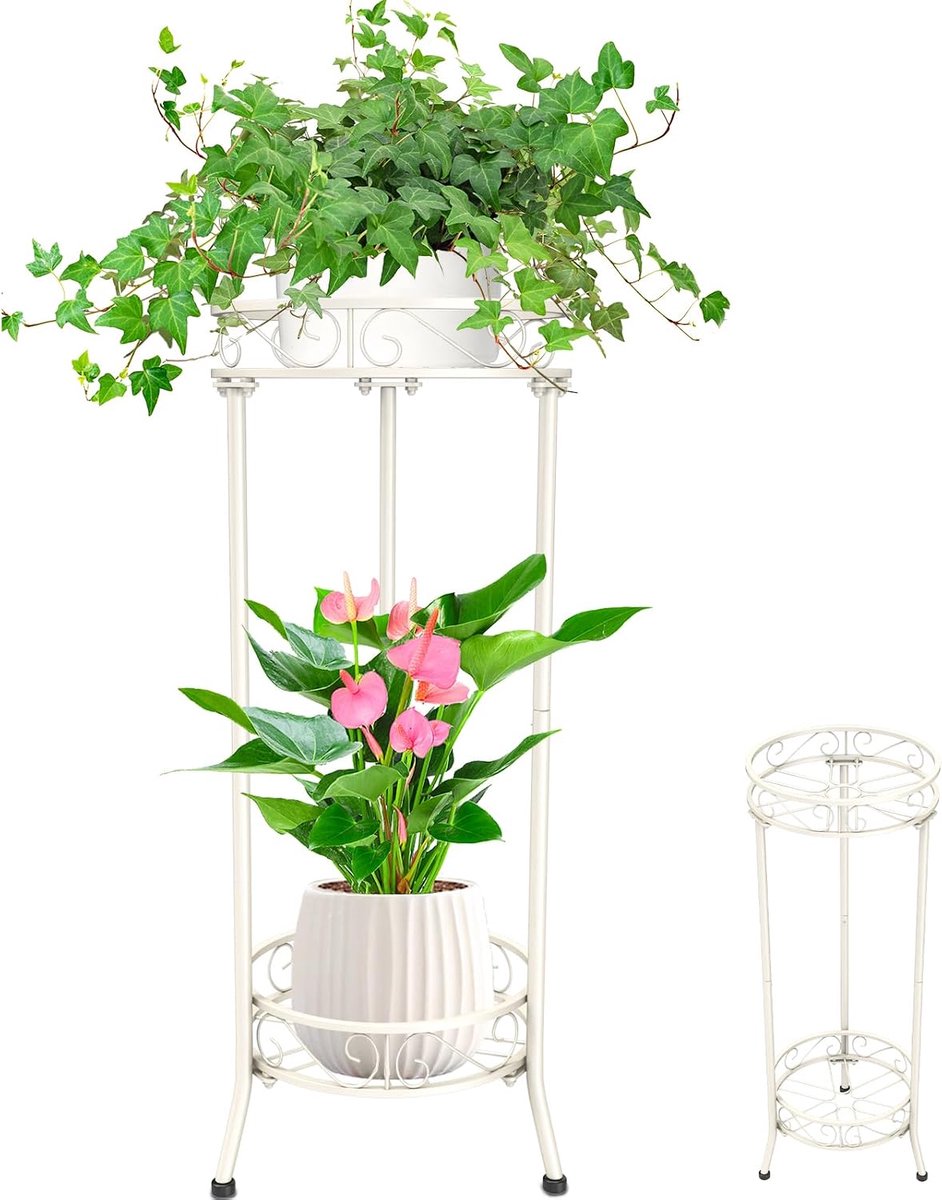 Metalen plantenstandaard, robuuste bloempotstandaard voor meerdere planten, decoratieve planken voor thuis, binnen en buiten (2 vloerU-draad, wit)